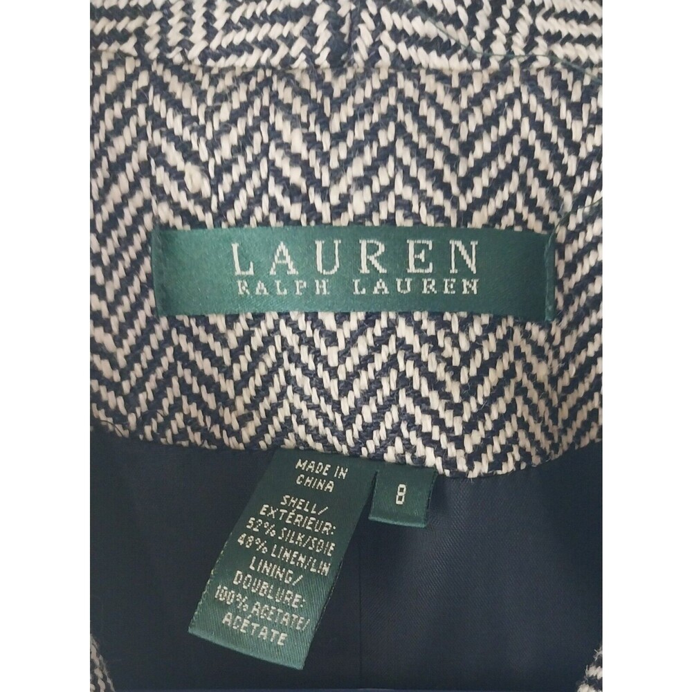 RALPH LAUREN Blazer Black Cream Herringbone Size 8 Silk Linen Blend Academia GUC - Picture 3 of 16